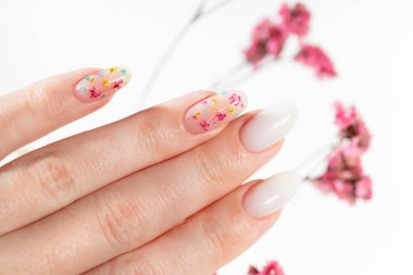 Beyaz jel cilası ve kurumuş çiçek desenli kadın ellerinin bahar manikürü. Beyaz arka planda beyazlatılmış kadın elleri ve kurutulmuş çingene çiçekleri..