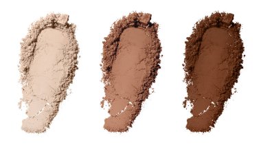 İzole edilmiş beyaz bir arkaplanda yüz makyajı için kahverengi ve bej rengi toz kumaşlarını ayarlayın. Açık, orta ve koyu tenli kadınlar için. Göz farı, heykeltıraş ya da bronzlaştırıcı