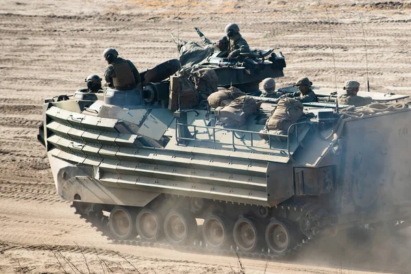 stock image California, USA 2022: Help for Ukraine in the war. U.S. Marine Corps amphibious warfare, armored combat vehicles able to swim from the sea onto attack beaches