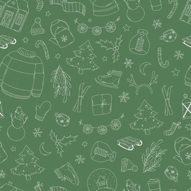 Yeşil arka planda el çizimleri olan kusursuz bir Noel deseni. Ambalaj kağıdı, ambalaj kağıdı, duvar kağıdı, yapıştırma kitabı, tekstil baskısı, kırtasiye vb. EPS 10
