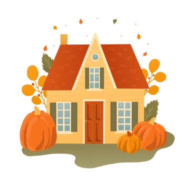 Güzel el çizimi köy evi, beyaz arka planda balkabağı ve yapraklarla süslenmiş kır evi. Posterler, baskılar, kartlar, tabelalar, çıkartmalar vs. için iyidir. EPS 10