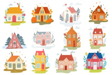 Elle çizilmiş köy evleri, kır evleri. Emlak teması. Posterler, baskılar, kartlar, çıkartmalar, tabelalar vs. için iyidir. EPS 10