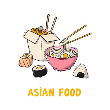 Asian food poster with hand drawn doodles, elements on wjite background. Good for stickers, prints, cards, banners, menu design, etc. EPS 10