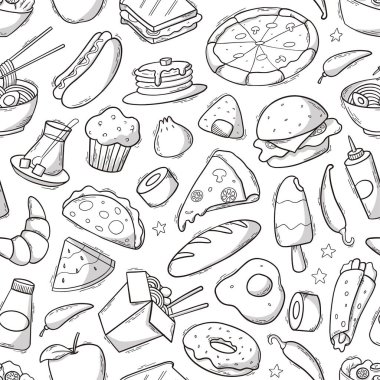 Seamless pattern with fast food doodles, elements for wallpaper, wrapping paper, backgrounds, coloring pages, scrapbooking, recipe books, textile prints, etc. EPS 10
