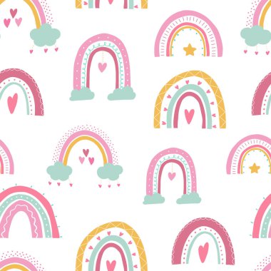 Nursery seamless pattern with rainbows on white background. Kids textile print, wallpaper, scrapbooking, stationary, wrapping paper, bedding, etc. EPS 10