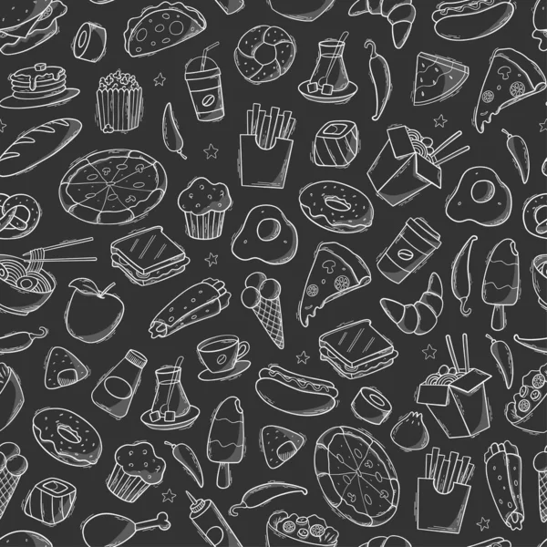 Fast Food Seamless Pattern Doodles Hand Drawn Elements Blackboard Background — Stok Vektör