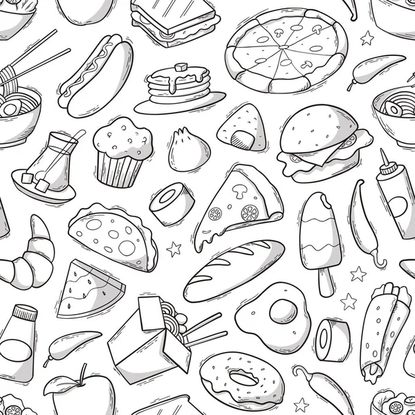 Seamless Pattern Fast Food Doodles Elements Wallpaper Wrapping Paper Backgrounds — Stockový vektor