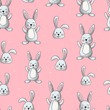 Easter bunnies seamless pattern. Hand drawn rabbits on pink background for nursery textile prints, posters, wrapping paper, wallpaper, scrapbooking, stationary, etc. EPS 10