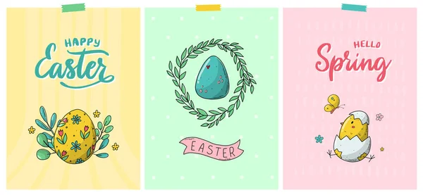 Set of Easter greeting cards, posters, prints, banners, invitations, templates decorated with doodles and lettering quotes. EPS 10