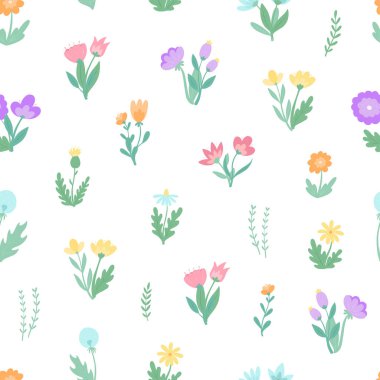 cute floral seamless pattern with hand drawn wildflowers on white background. Floral pattern, textile print, kids apparel, packaging, wallpaper, scrapbooking and stationary design. EPS 10