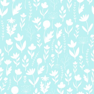 floral seamless pattern with silhouettes of wildflowers on mint background. Spring textile print, wallpaper, wrapping paper, bedding decor. EPS 10