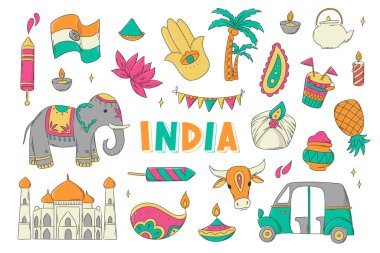 Indian culture clip art, doodles, cartoon stickers, icons. Holi festival, diwali theme doodles. Good for prints, cards, planners, sublimation, etc. EPS 10