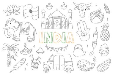 Hand drawn India doodles, clip art, cartoon elements isolated on white background. Print, coloring book, scrapbooking, stationary, stickers, sublimation design. EPS 10