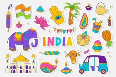 Hand drawn pack of stickers for India, indian holidays, culture. Clip art, doodles, cartoon elements for prints, cards, posters, signs, icons, planners, etc. Holi, diwali theme. EPS 10
