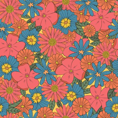 retro floral seamless pattern decorated with groovy flowers for wrapping paper, scrapbooking, stationary, textile prints, backgrounds, etc. EPS 10