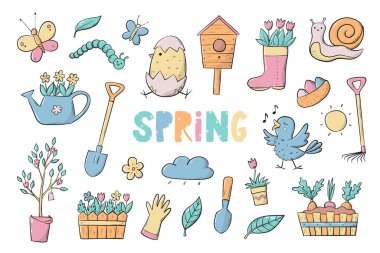 Spring clip art, nursery doodles, stickers, prints, cartoon elements. EPS 10