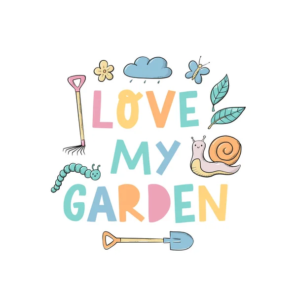 Der Schriftzug Love Garden Ist Mit Cartoon Doodles Für Drucke — Stockvektor