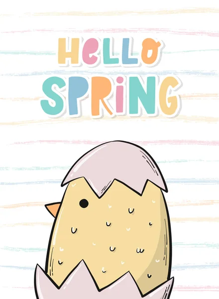 Hello Spring Lettering Quote Decorated Hand Drawn Chick Nursery Posters — стоковый вектор