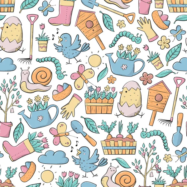 Spring Seamless Pattern Hand Drawn Doodles Cartoon Elements Good Nursery — Stockvektor