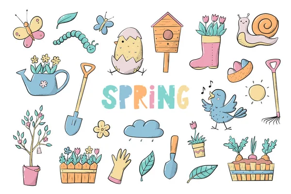 Spring Clip Art Nursery Doodles Stickers Prints Cartoon Elements Eps — Stockvektor