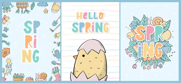 Set Spring Greeting Cards Nursery Posters Prints Templates Decorated Doodles — стоковый вектор