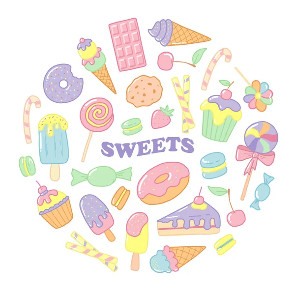 Süße Desserts Zeichentrick Snacks Fast Food Gut Für Drucke Aufkleber — Stockvektor