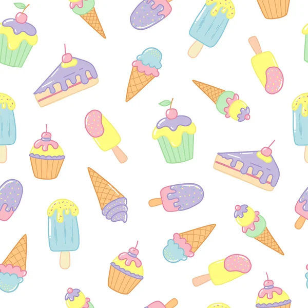 Nahtloses Muster Mit Handgezeichneten Süßen Eiscremes Und Kuchen Für Tapeten — Stockvektor