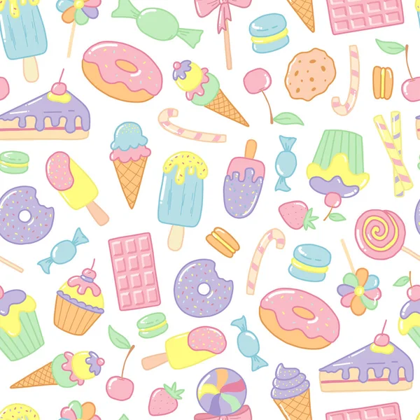 Seamless Pattern Hand Drawn Cute Doodles Sweet Snacks Fast Food — Stock Vector