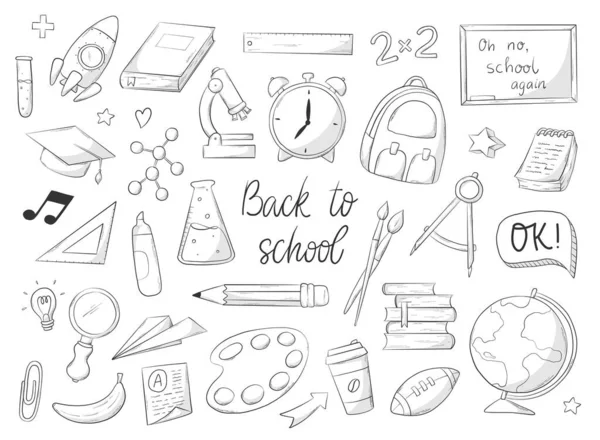 Set Van Monochrome School Onderwijs Doodles Clip Art Cartoon Elementen — Stockvector