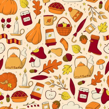 Duvar kağıtları, arka planlar, baskılar, tekstil, hatıra defteri, paketleme, ambalaj kağıdı vs. için karalamalarla sonbahar kusursuz desen. EPS 10