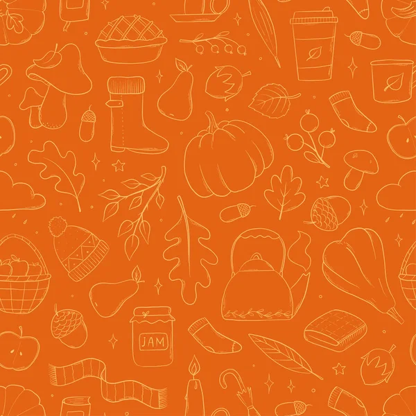 Осенний Бесшовный Рисунок Каракулями Оранжевом Фоне Обоев Оберточной Бумаги Скрапбукинга — стоковый вектор