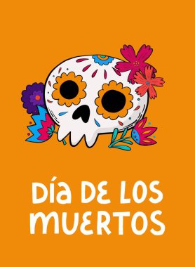 Dia de los muertos tebrik kartı, poster, baskı, davetiye, karalanmış kafatası ve çiçeklerle süslenmiş pankart. EPS 10