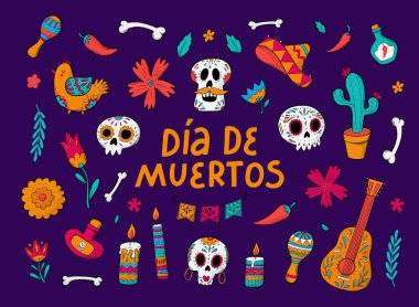 Dia de Muertos için çizilmiş el karalamaları, çizgi film elementleri. Çıkartmalar, baskılar, kartlar, afişler, posterler, diğer tatil dekorları için iyi. EPS 10