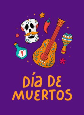Dia de Muertos kartı, poster, baskı, karalama ve harf ile süslenmiş pankart. Ölü davetiye dekorunun olduğu gün. Meksika temalı. EPS 10