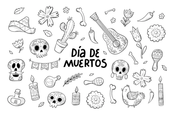 Conjunto Monocromático Dia Muertos Doodles Elementos Desenho Animado Elementos Desenhados —  Vetores de Stock
