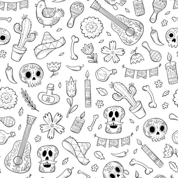 Dia Los Muertos Padrão Monocromático Sem Costura Com Doodles Desenhados —  Vetores de Stock