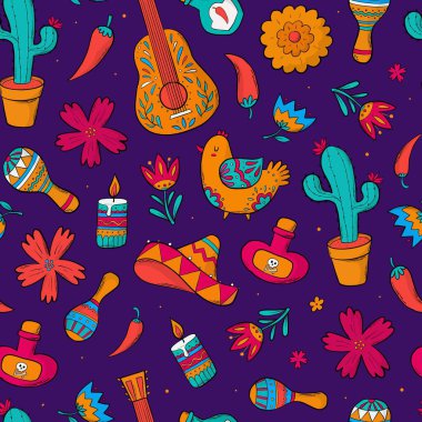 dia de los muertos, cinco de mayonez, karalamalı meksikalı dikişsiz desen, duvar kağıdı için karikatür öğeleri, tekstil baskıları, hatıra defteri, durağan, ambalaj kağıdı, vb. EPS 10