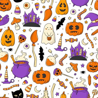 Şirin karalamalı cadılar bayramı deseni, çocuk tekstili baskıları için karikatür öğeleri, duvar kağıdı, ambalaj kağıdı, yapıştırma kitabı, ambalaj, arka plan, vs. EPS 10