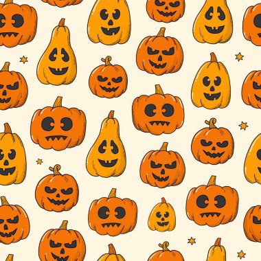 Parmak izi, kart, duvar kağıdı, ambalaj kağıdı, tekstil, hatıra defteri, sabit arkaplan vs. için balkabağı kabağı kabağı karalamaları ile cadılar bayramı kusursuz desen. EPS 10