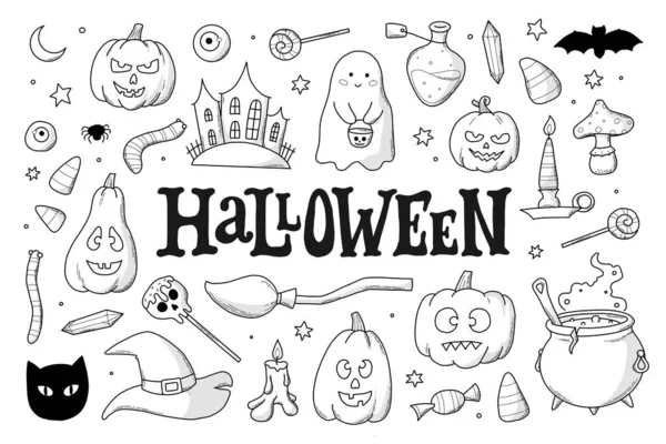 Halloween Conjunto Rabiscos Monocromáticos Elementos Desenhos Animados Clip Art Isolado —  Vetores de Stock