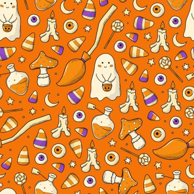 Cadılar Bayramı duvar kâğıdı, tekstil baskıları, çocuk dekorasyonu, hatıra defteri, ambalaj kağıdı vs. için turuncu arka planda kusursuz desenler çizer. EPS 10