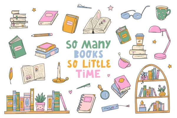 Kitap ögeleri, karikatür nesneleri, çıkartmalar, baskılar, kartlar, planlamacılar, sabit şeyler için harflerle süslenmiş karalamalar. EPS 10