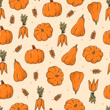 Havuç ve balkabağı karalamalarıyla kusursuz desen oluştur. Şükran Günü ambalaj kağıdı, hatıra defteri, tekstil baskısı, duvar kağıdı, ambalaj, vs. EPS 10