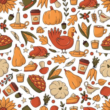 Tekstil baskıları, duvar kâğıtları, yapıştırma kitabı, durağanlık, ambalaj, ambalaj kağıdı vs. için Şükran Günü kusursuz desen. EPS 10