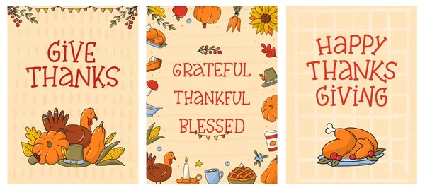 Set Thanksgiving Greeting Cards Posters Prints Invitations Templates Decorated Doodles — Stock Vector
