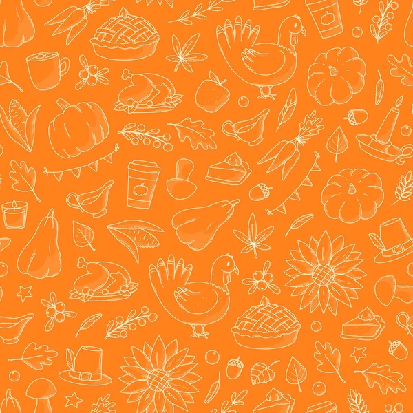 感謝祭と秋のモノクロシームレスなパターンは プリント 包装紙 繊維などのオレンジ色の背景に落書きします Eps について — ストックベクタ