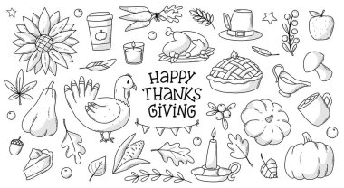 Şükran Günü karalamaları, beyaz arka planda izole edilmiş tek renkli elementler. Parmak izleri, çıkartmalar, boyama kitapları, yapıştırma kitabı, süblimleşme, kartlar, tabelalar, ikonlar vs. için iyidir. EPS 10