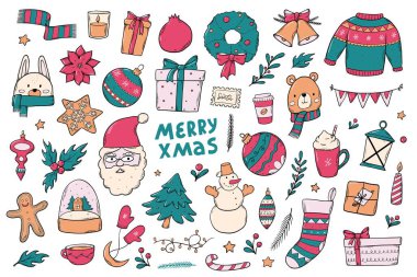 Noel karalamaları, karikatür unsurları çıkartmalar, baskılar, süblimleşme, tabelalar, kartlar, posterler vb. EPS 10
