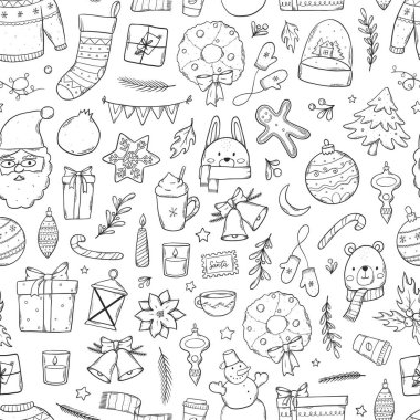 Boyama sayfaları için karalamalar, ambalaj kağıdı, yapıştırma defteri, durağan, duvar kâğıdı, baskılar vb. Xmas monokrom tekrarlanan desen. EPS 1