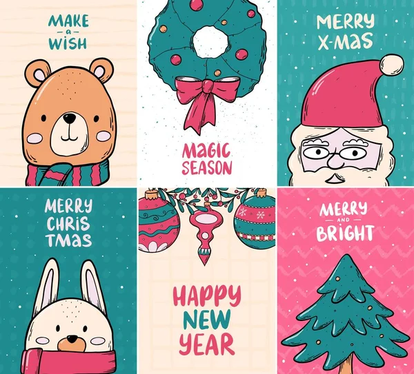 Kolekcja Kartek Świątecznych Bazgrołami Cytatami Literowymi Nadruki Świąteczne Noworoczne Plakaty — Wektor stockowy